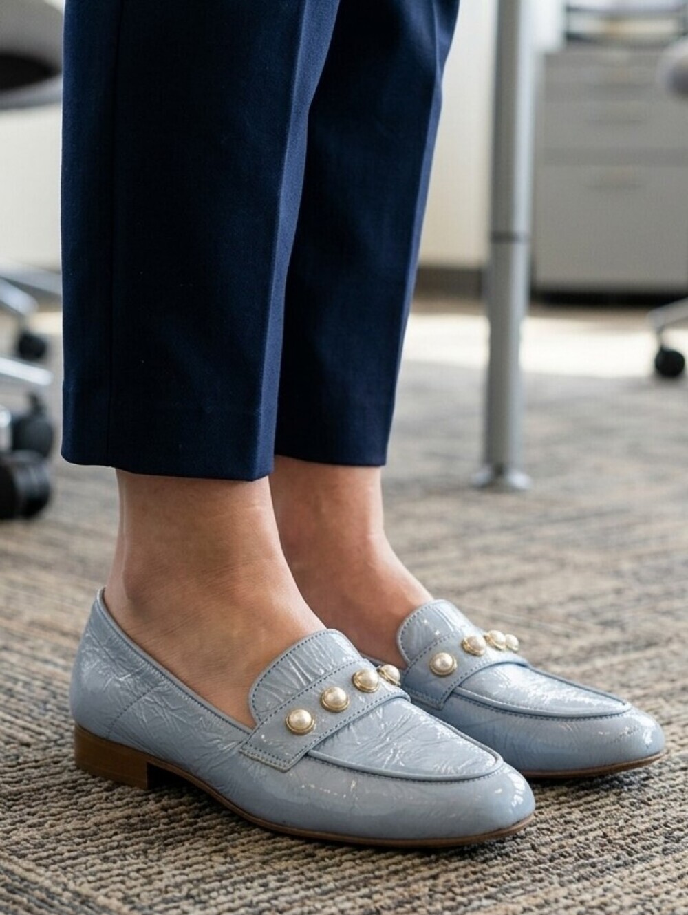 Browns Women's Patent Leather Pearl Loafers Size 38 Light Blue Slip-On